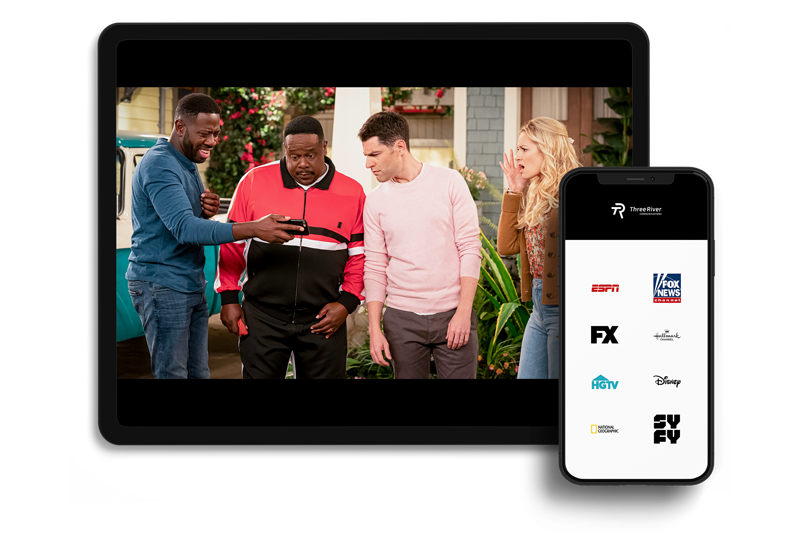 watchtveverywhere showing "The Neighborhood" on tablet and top channel logos on mobile phone.